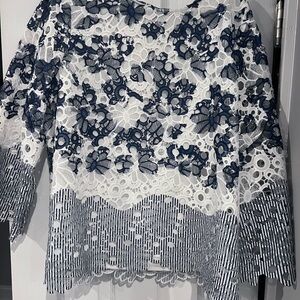 Chico's Blue and Gray Embellished Lace Blouse 3/4 Sleeve. Size 3